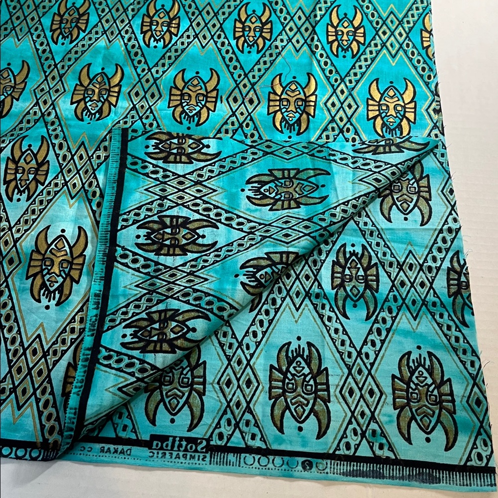 Vintage Sotiba Simpafric Dakar Senegal Fabric - 1 yard 6.5” Teal Gold Mask - Picture 6 of 6